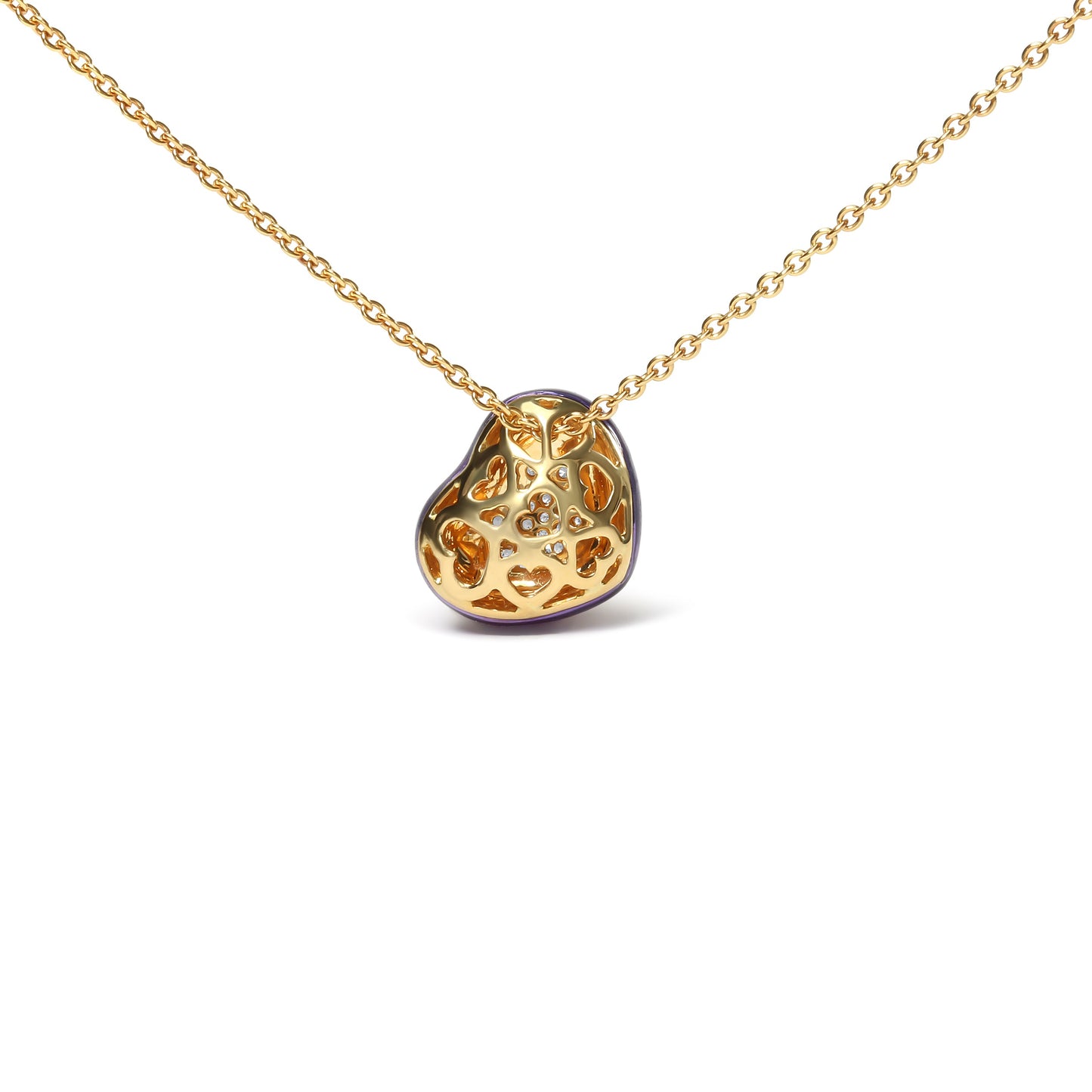 Collier pendentif en cœur en or jaune 18K avec émail bleu et diamants