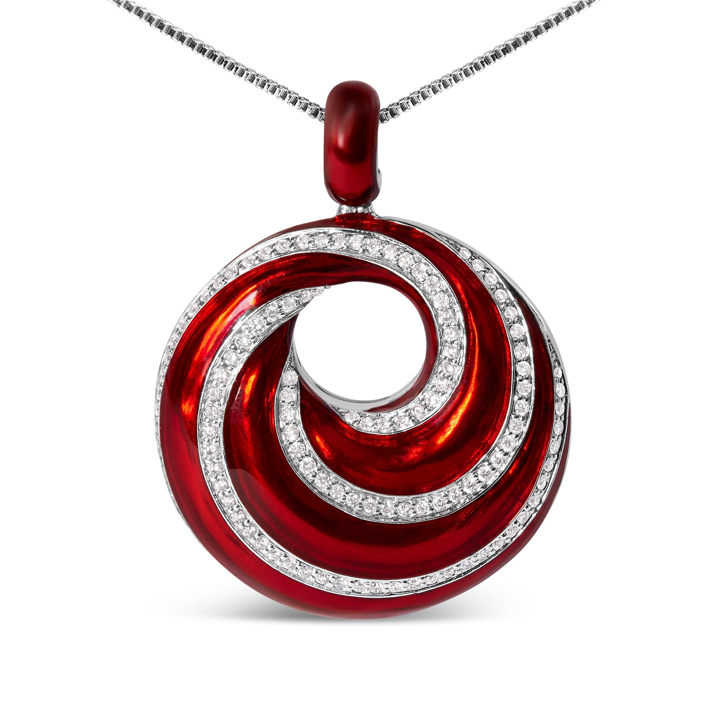 Collier Pendentif en Argent Sterling .925 avec Émail Rouge et Diamants en Spirale Infinie