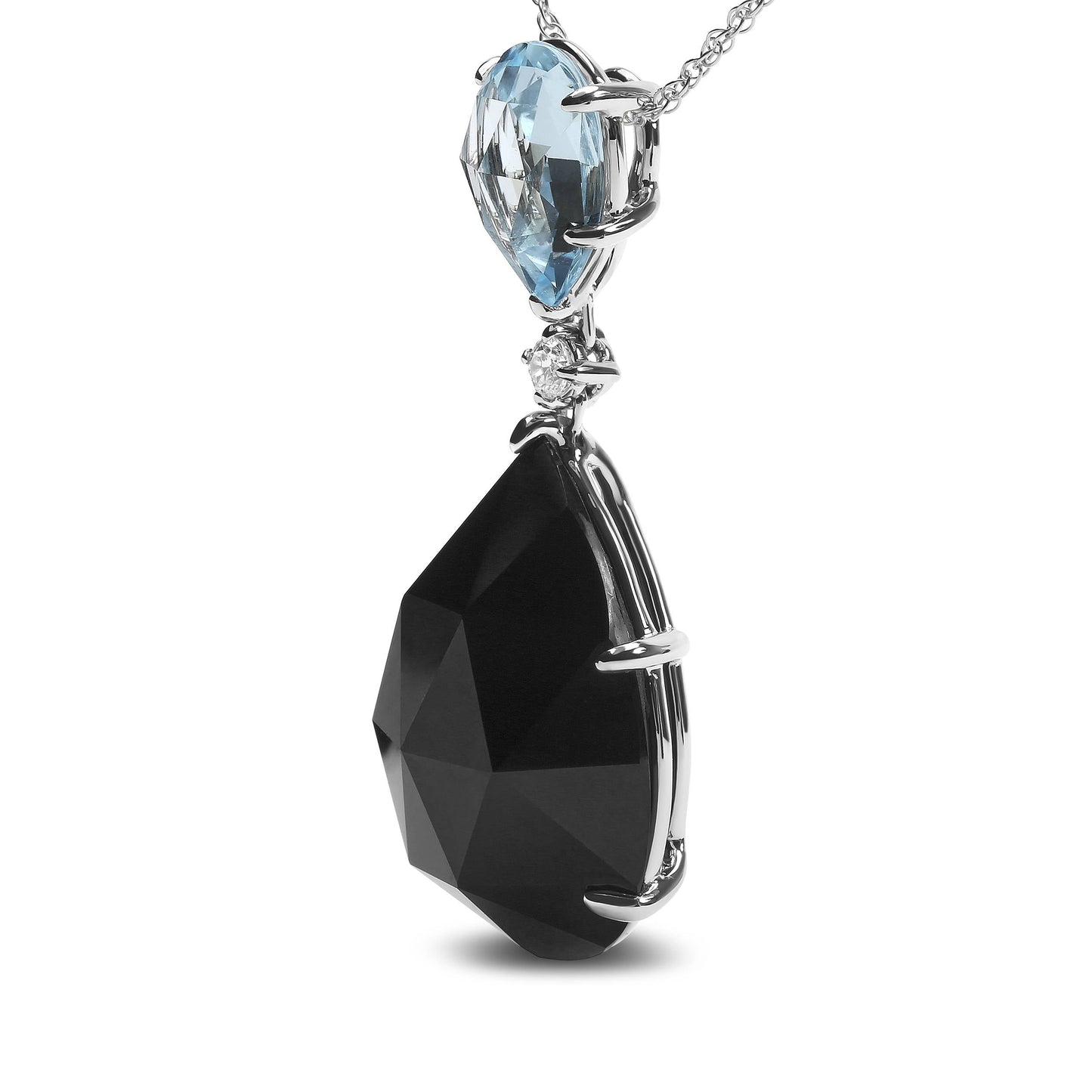 Collier Dangle en Or Blanc 18K avec Topaze et Onyx en Forme de Poire