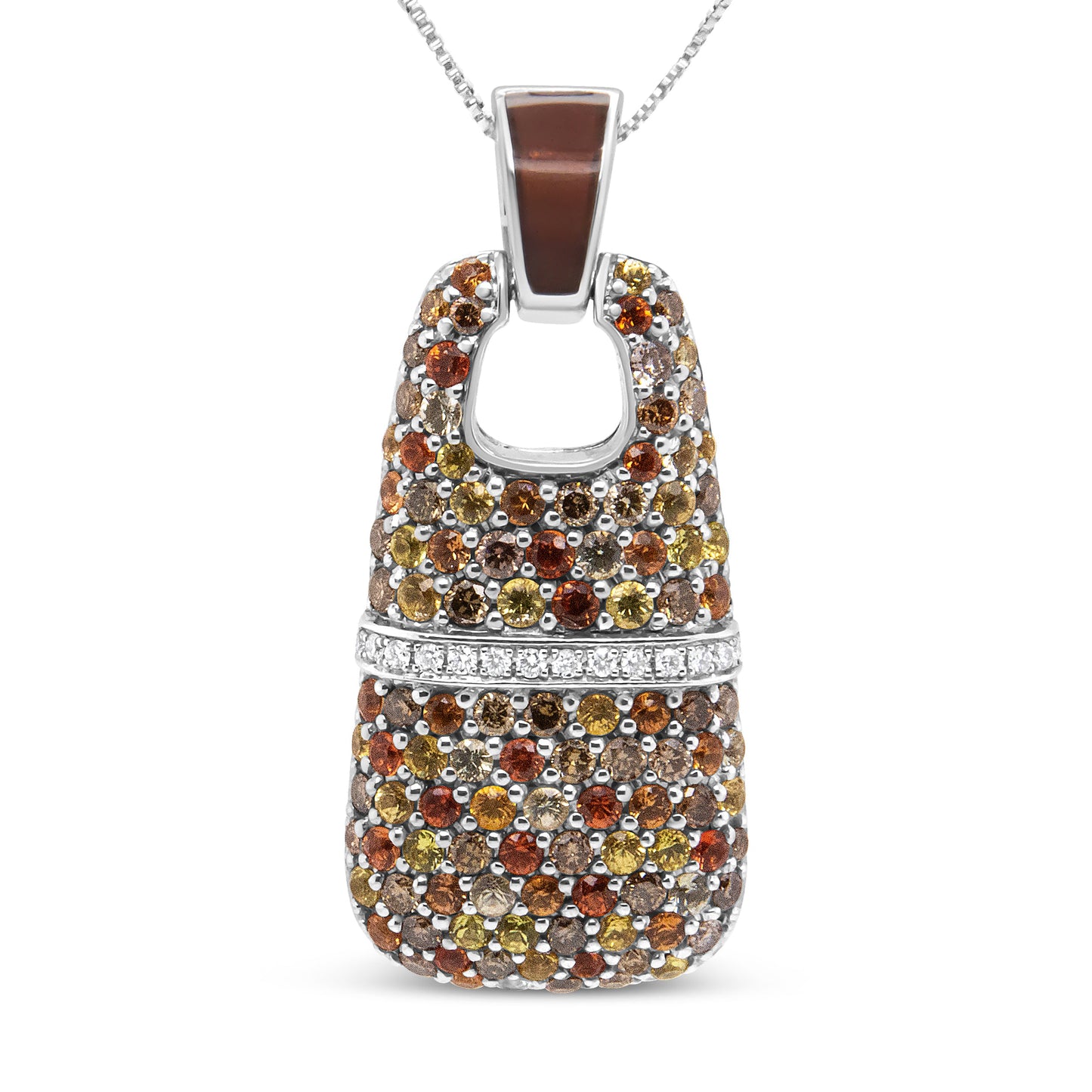 .925 Sterling Silver Brown Enamel Diamond & Sapphire Pendant Necklace
