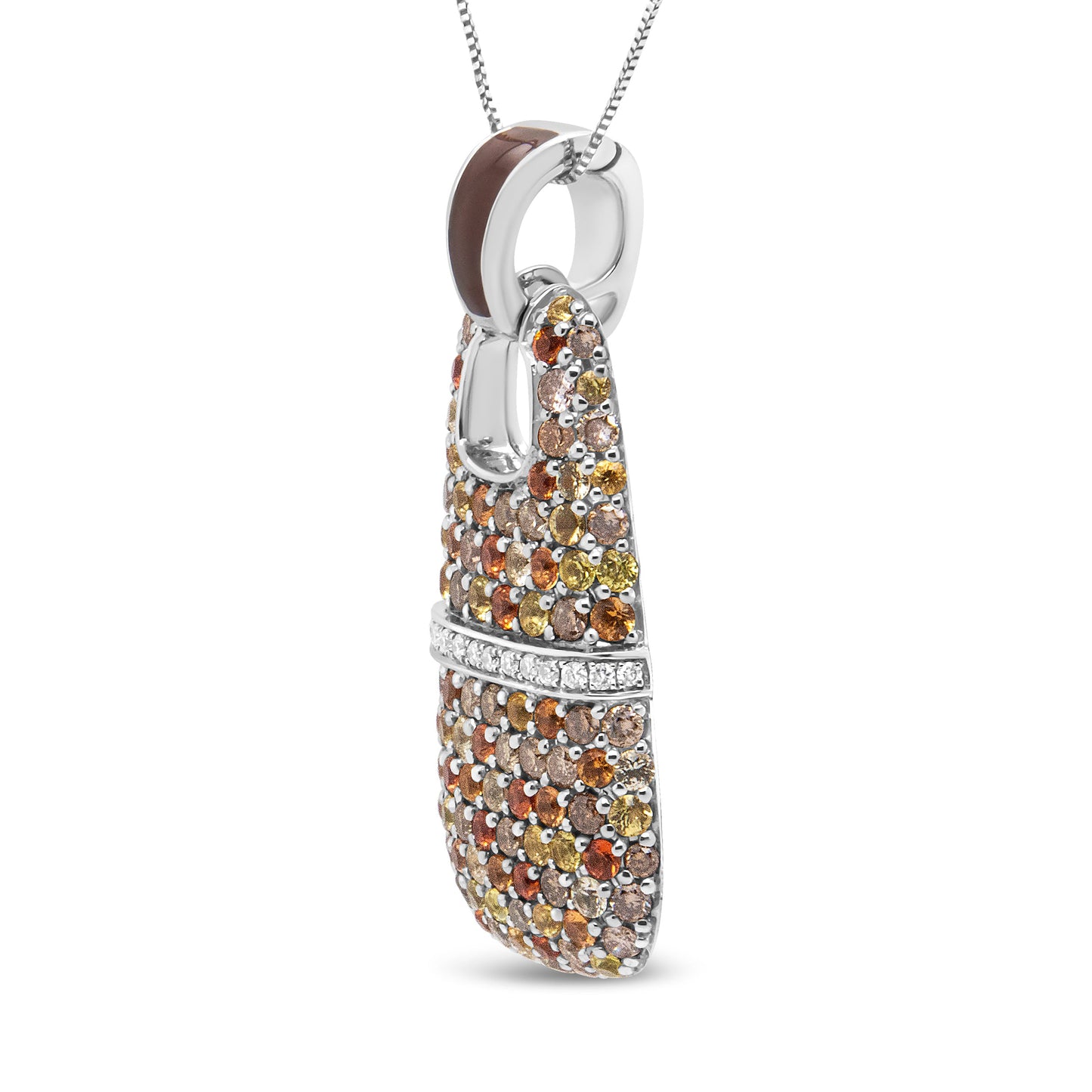 .925 Sterling Silver Brown Enamel Diamond & Sapphire Pendant Necklace