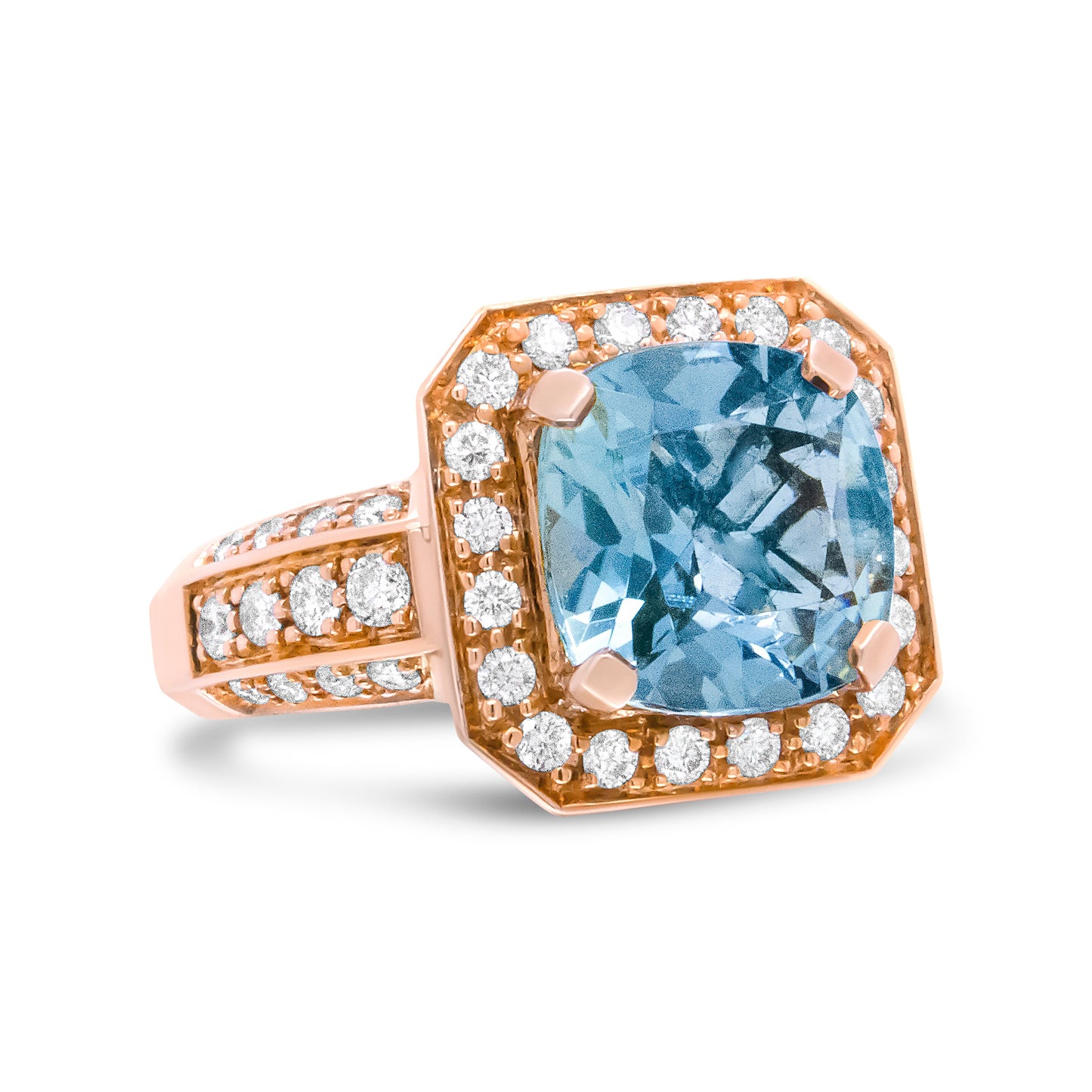 Bague de fiançailles en or rose 18K avec aigue-marine et halo de diamants - Taille 6.5