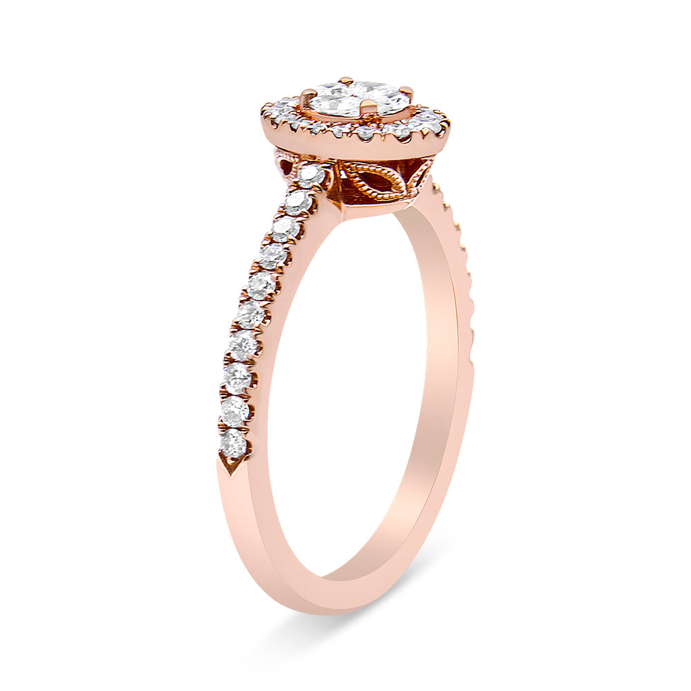 Bague de fiançailles halo en or rose 18K marquise et ovale - Taille 7