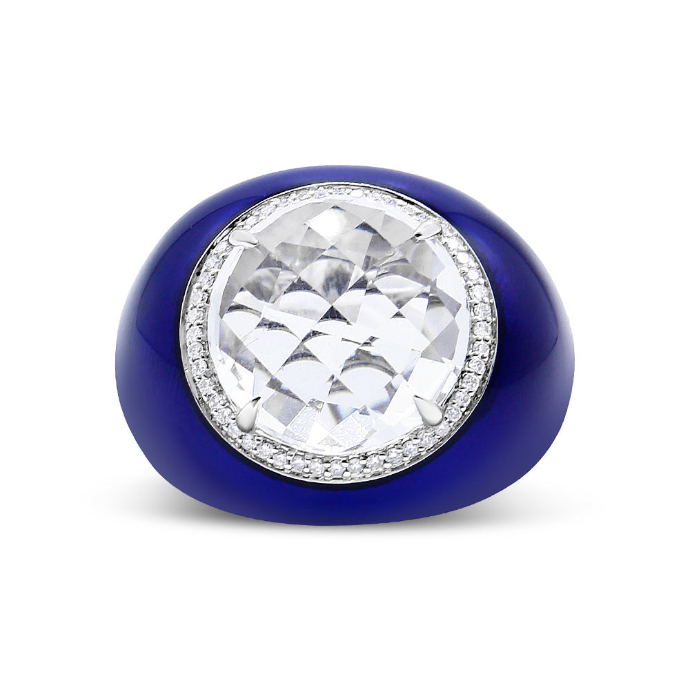 Anillo de Halo de Cuarzo y Diamantes en Oro Blanco de 18K con Esmalte Azul - Talla 7