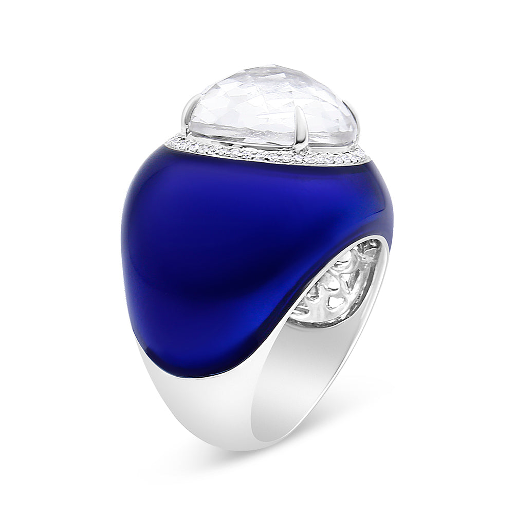 Anillo de Halo de Cuarzo y Diamantes en Oro Blanco de 18K con Esmalte Azul - Talla 7