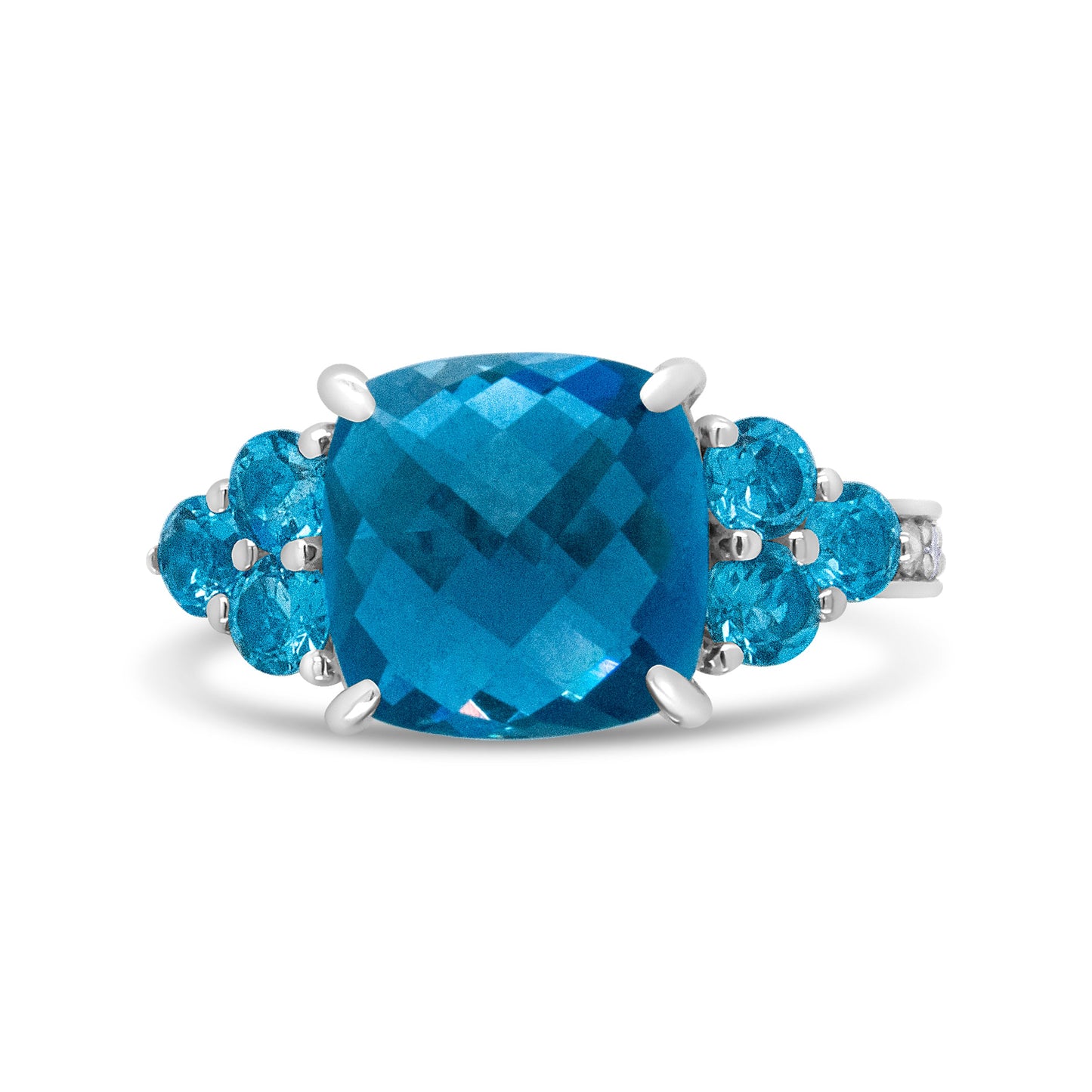 Bague en Or Blanc 18 Carats avec Topaze Bleue en Forme de Coussin et Diamants - Taille 6.5