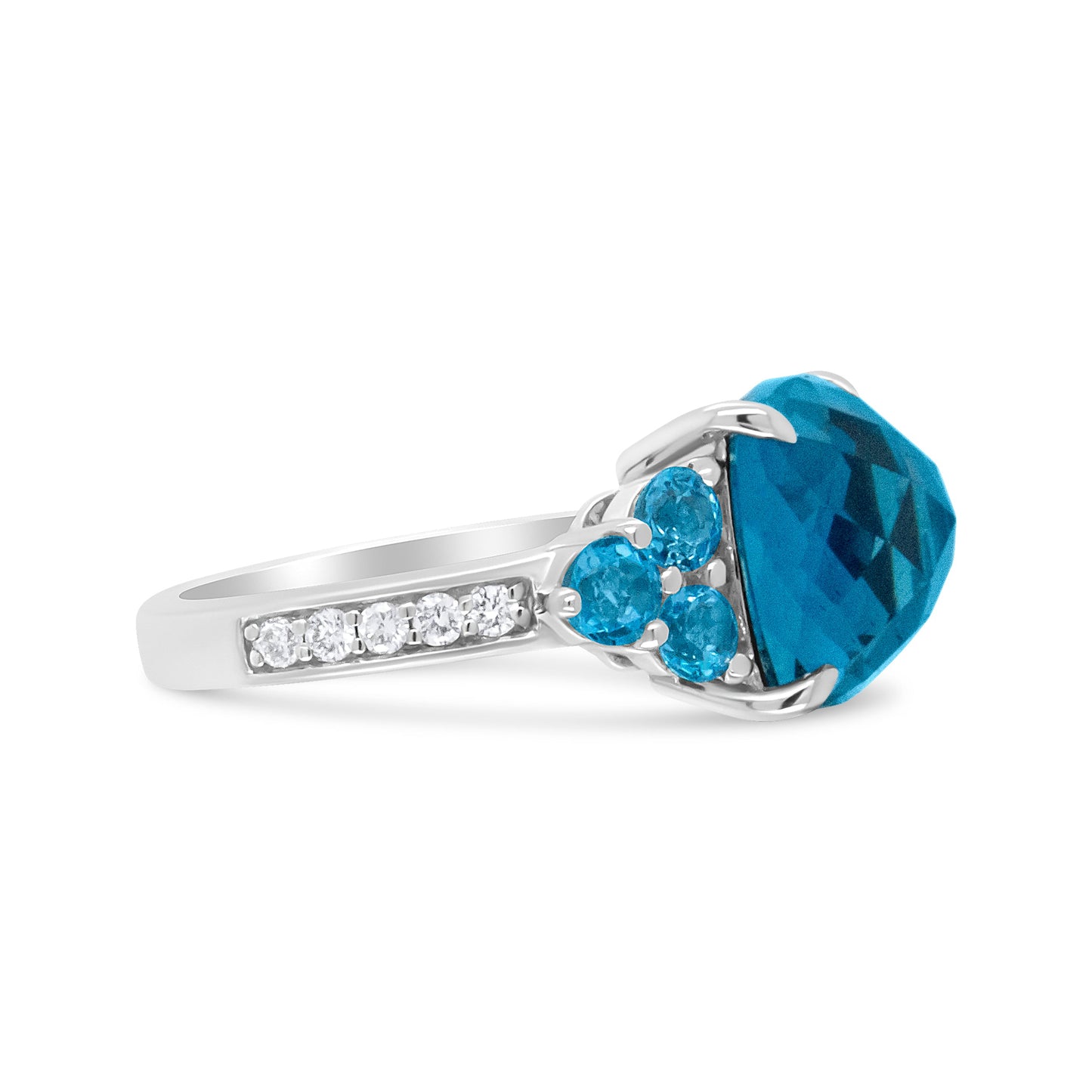 Bague en Or Blanc 18 Carats avec Topaze Bleue en Forme de Coussin et Diamants - Taille 6.5