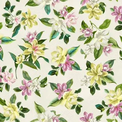 Tissu en coton à large dos floral Lanai crème naturelle