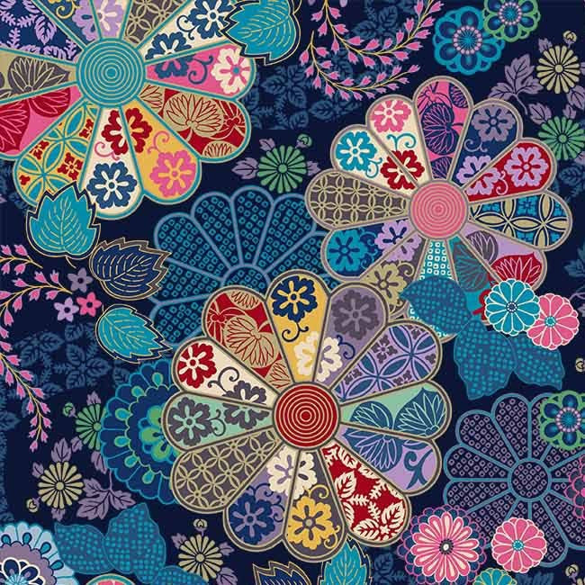 Tissu en coton métallisé Navy Garden Grace - 43"/44" par yard