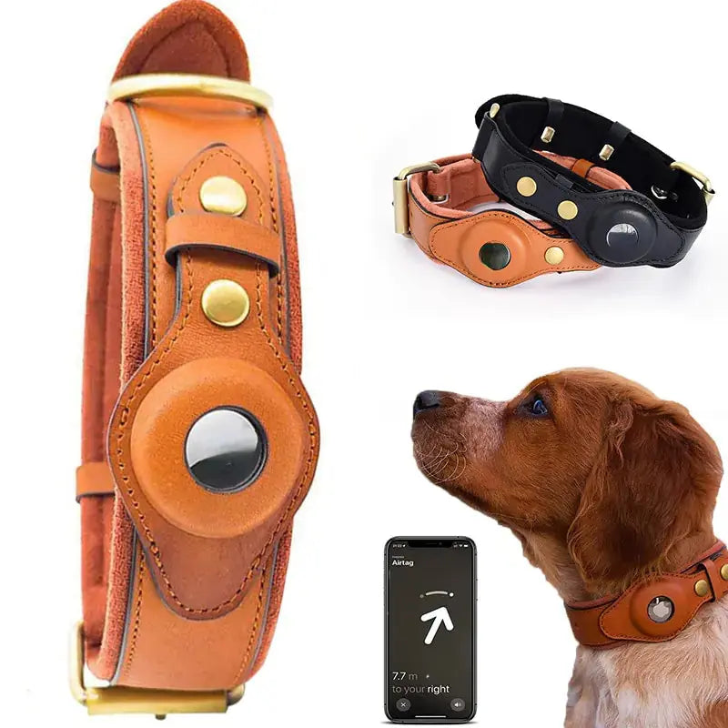 Premium Leather Anti-Lost Dog Collar with AirTag Holder
