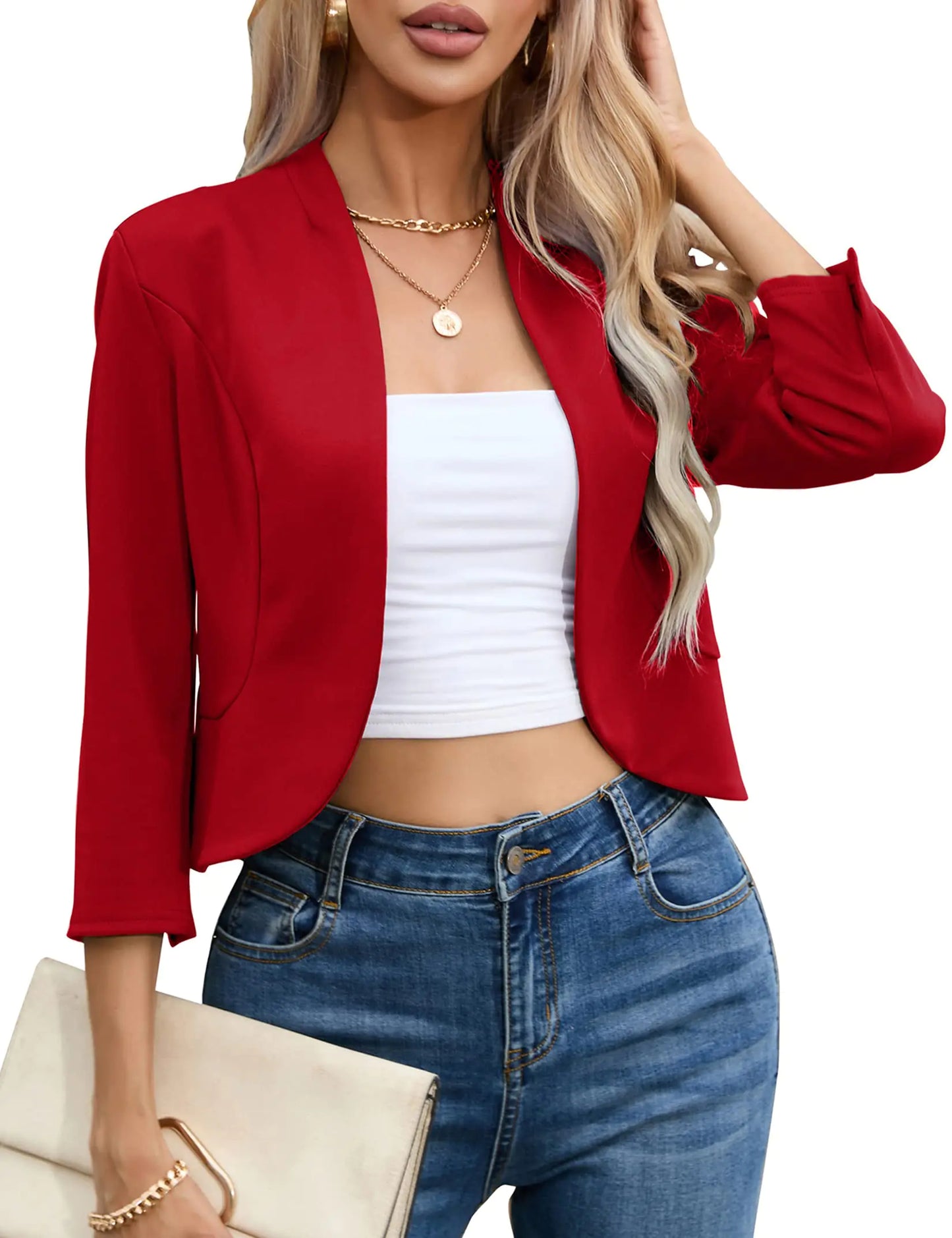 KOJOOIN Women's Cropped Blazer - Casual Business Jacket in Red