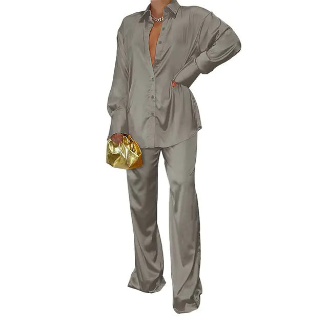 Conjunto de Pantalones de Rayas Sueltos Elegantes con Top de Manga Larga