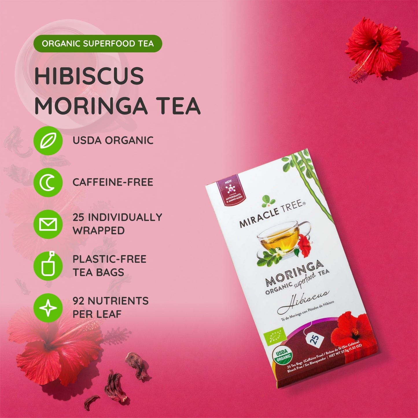 Thé biologique de Moringa et d'Hibiscus - 25 sachets emballés