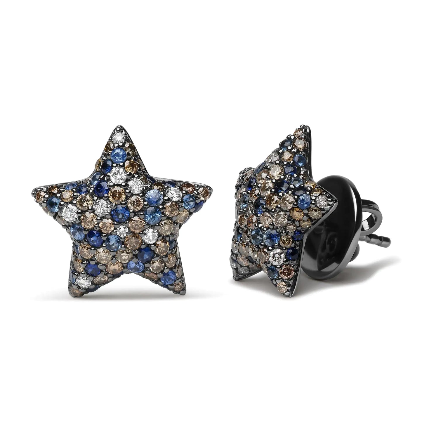 Boucles d'oreilles étoile en or blanc 18K plaqué rhodium noir avec diamants et saphirs bleus