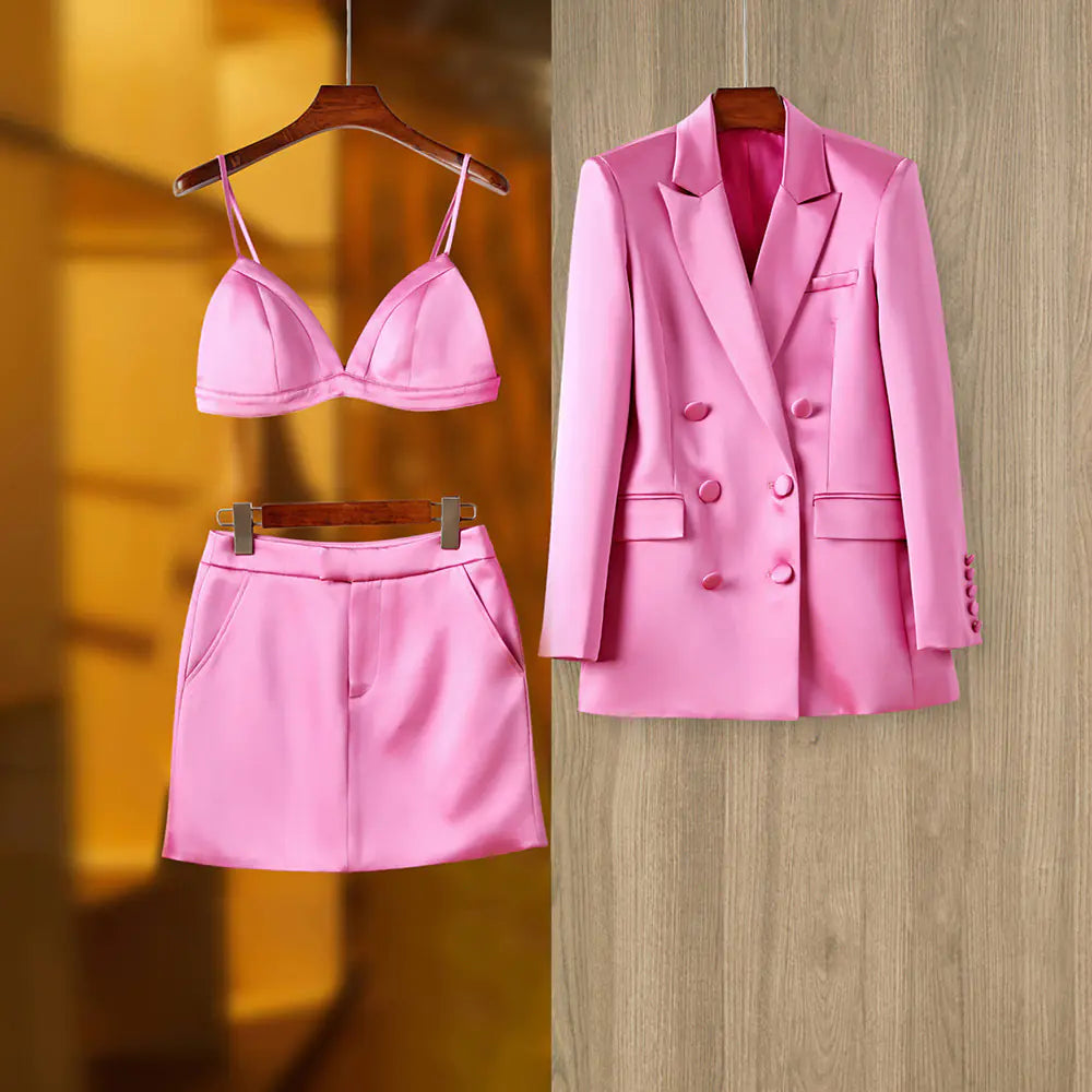 Elegant Pink Satin Suit Jacket and Skirt Set