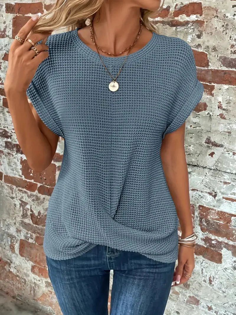 Camiseta de Cuello Redondo de Waffle Sólido de Verano Chic y Cómoda