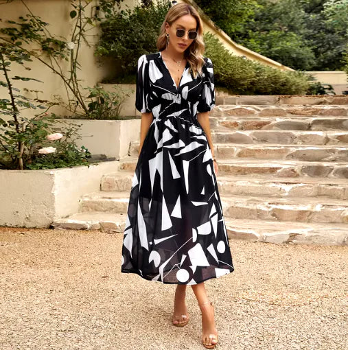 Vestido Largo de Manga Corta con Estampado y Escote en V para Verano