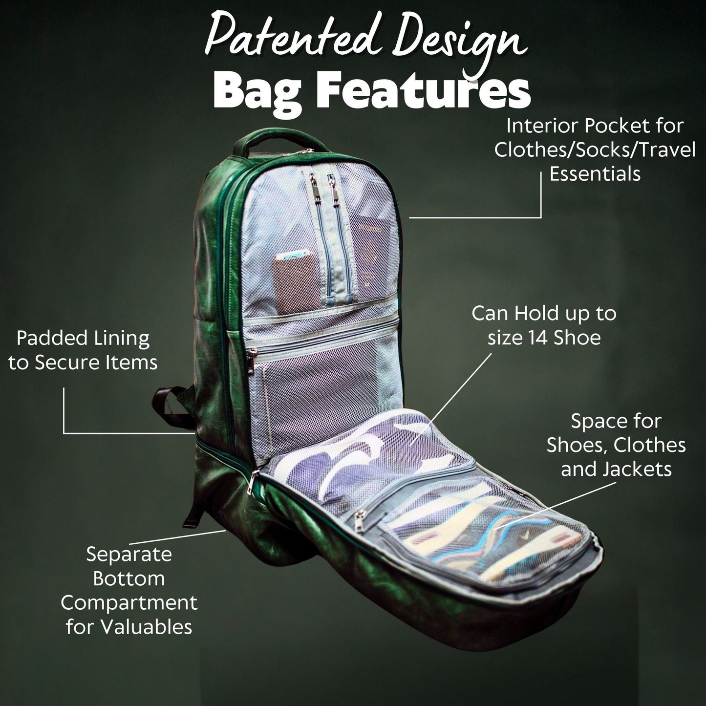 Mochila de mano patentada de cuero verde esmeralda