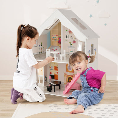 Semi-Opened DIY Dollhouse with Simulated Rooms and Furniture Set - White