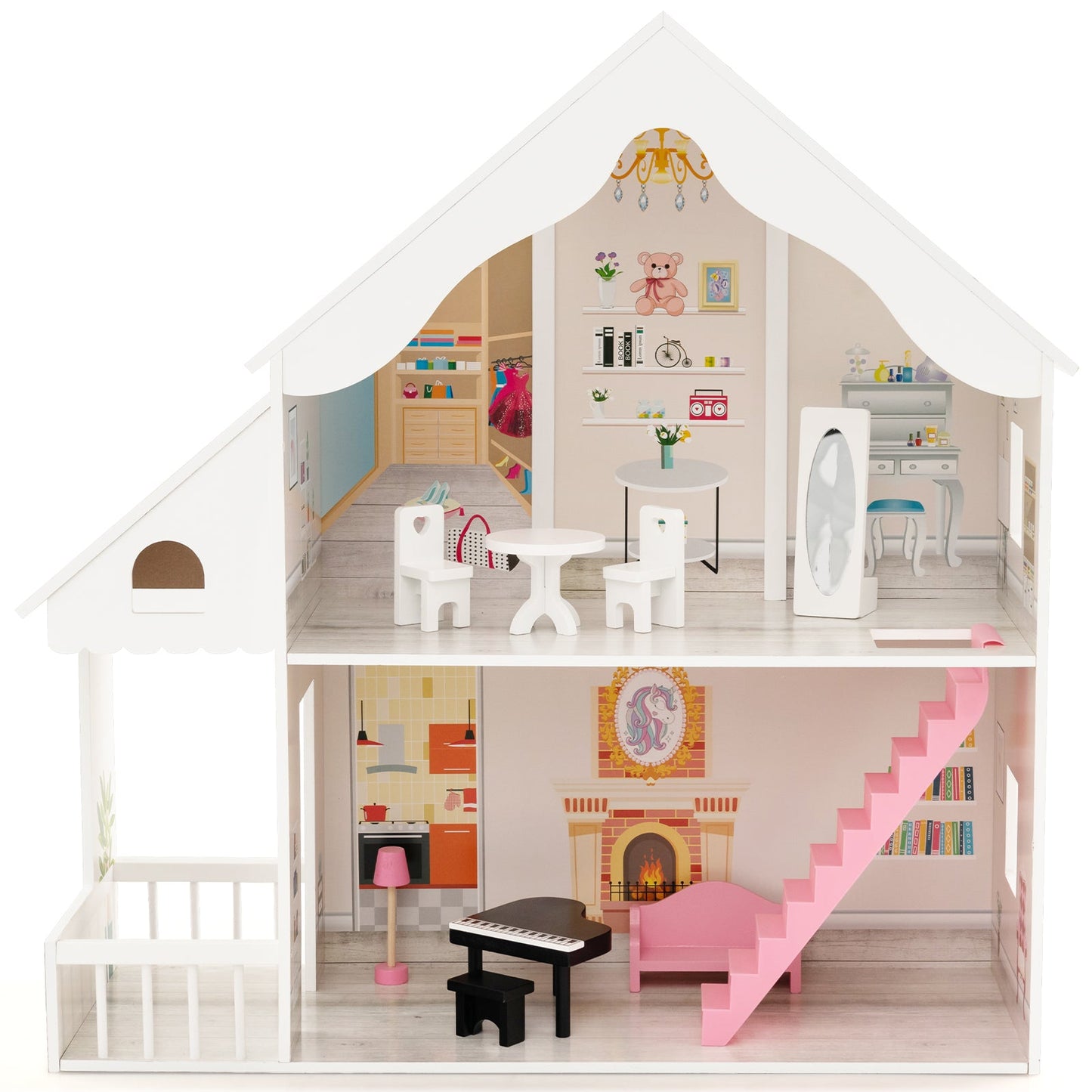 Casa de muñecas DIY semi-abierta con habitaciones simuladas y juego de muebles - Blanco