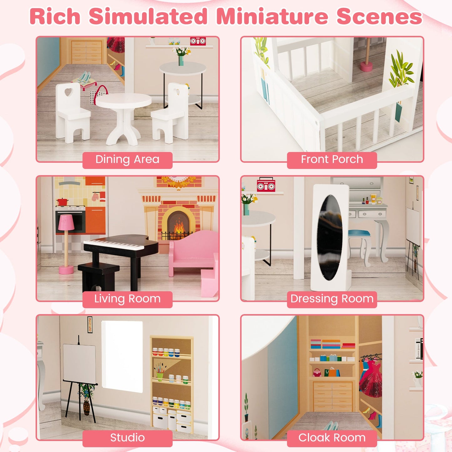 Casa de muñecas DIY semi-abierta con habitaciones simuladas y juego de muebles - Blanco