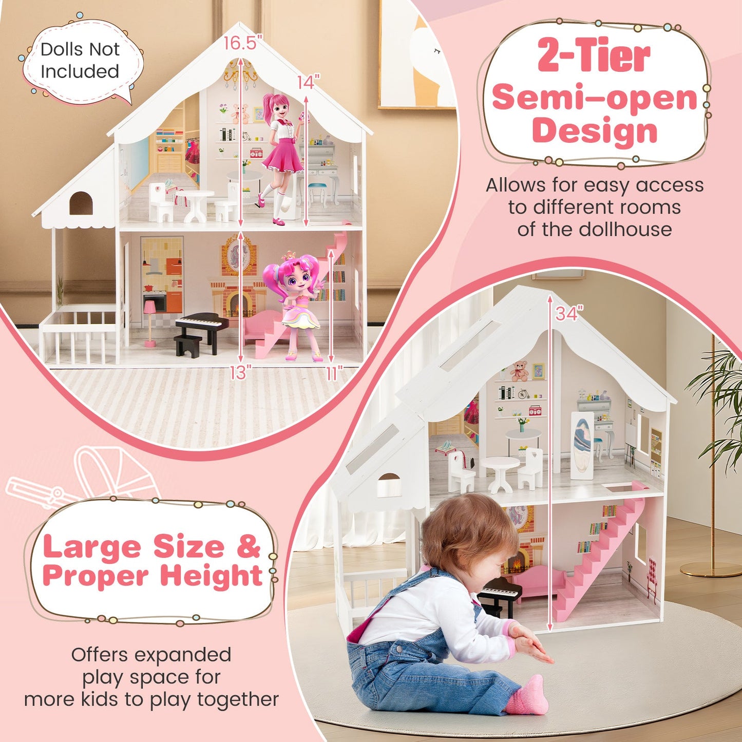 Casa de muñecas DIY semi-abierta con habitaciones simuladas y juego de muebles - Blanco