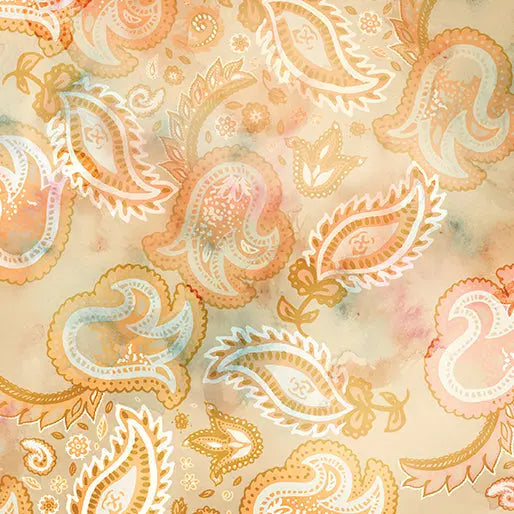 Tela de algodón de fondo ancho con paisley en sombra naranja