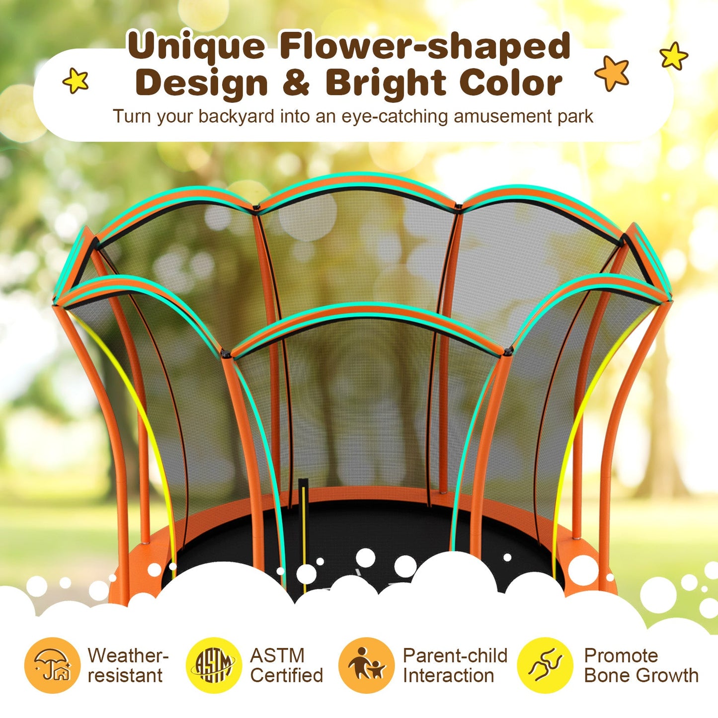 Trampoline en forme de fleur de 8 pieds avec filet de protection - Orange