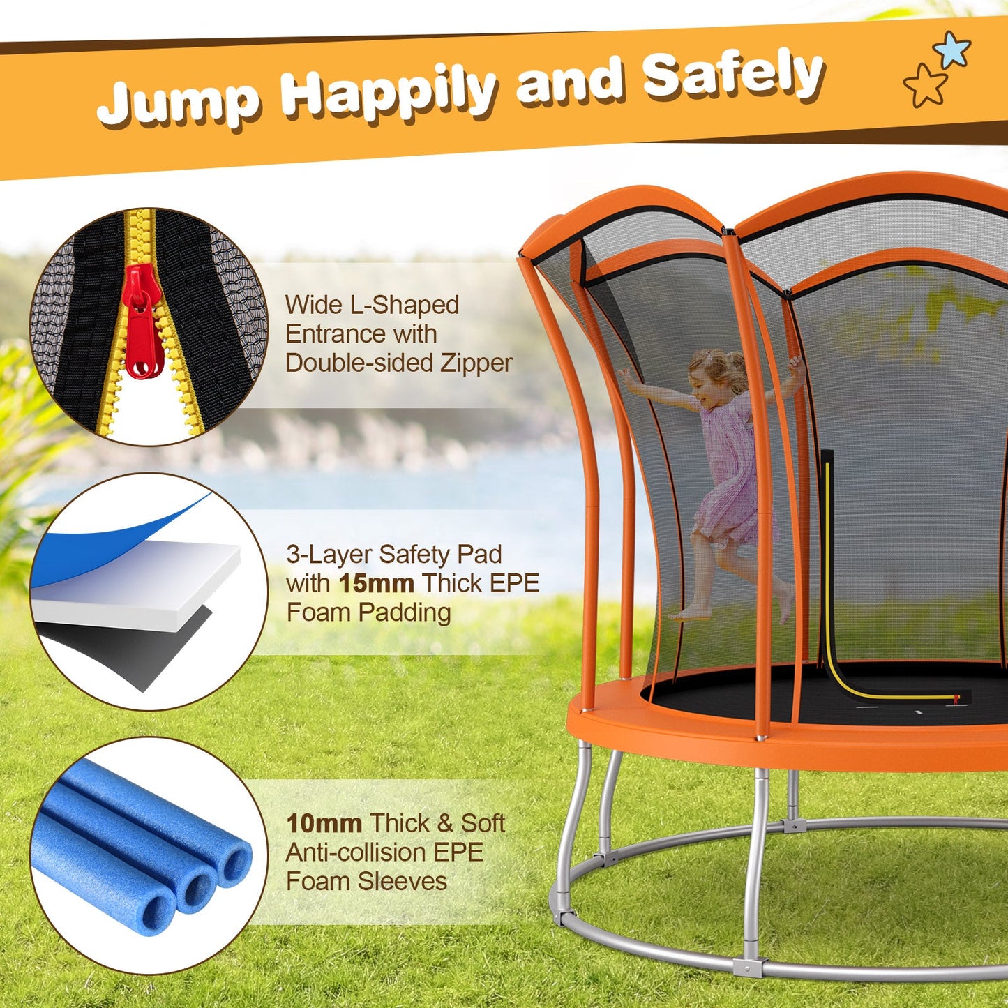 Trampoline en forme de fleur de 8 pieds avec filet de protection - Orange