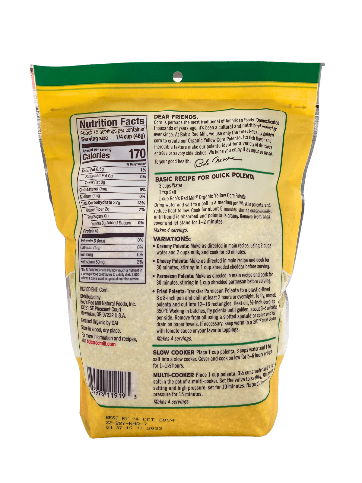 Organic Yellow Corn Grits - Versatile Polenta Base by Bob's Red Mill - Korvel