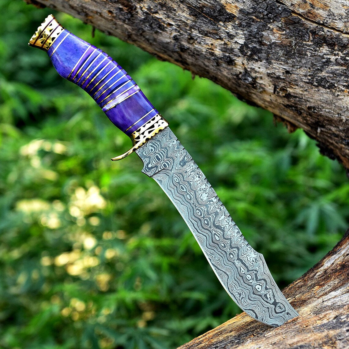 Exquisite 13" Damascus Steel Bowie Knife with Brass Guard & Camel Bone Handle - Korvel