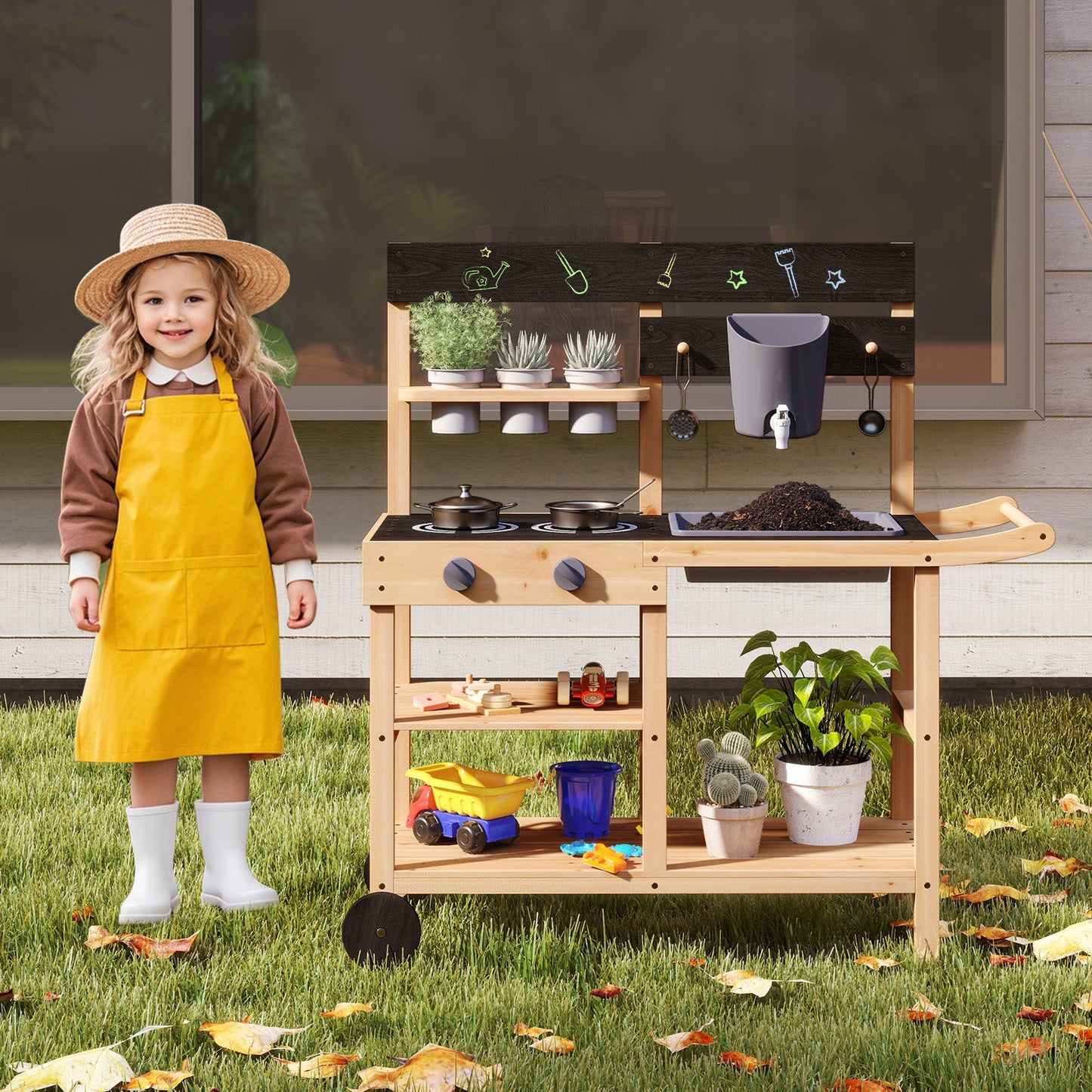 Cocina de Juego de Madera de Abeto para Exterior con Pizarra y Macetas