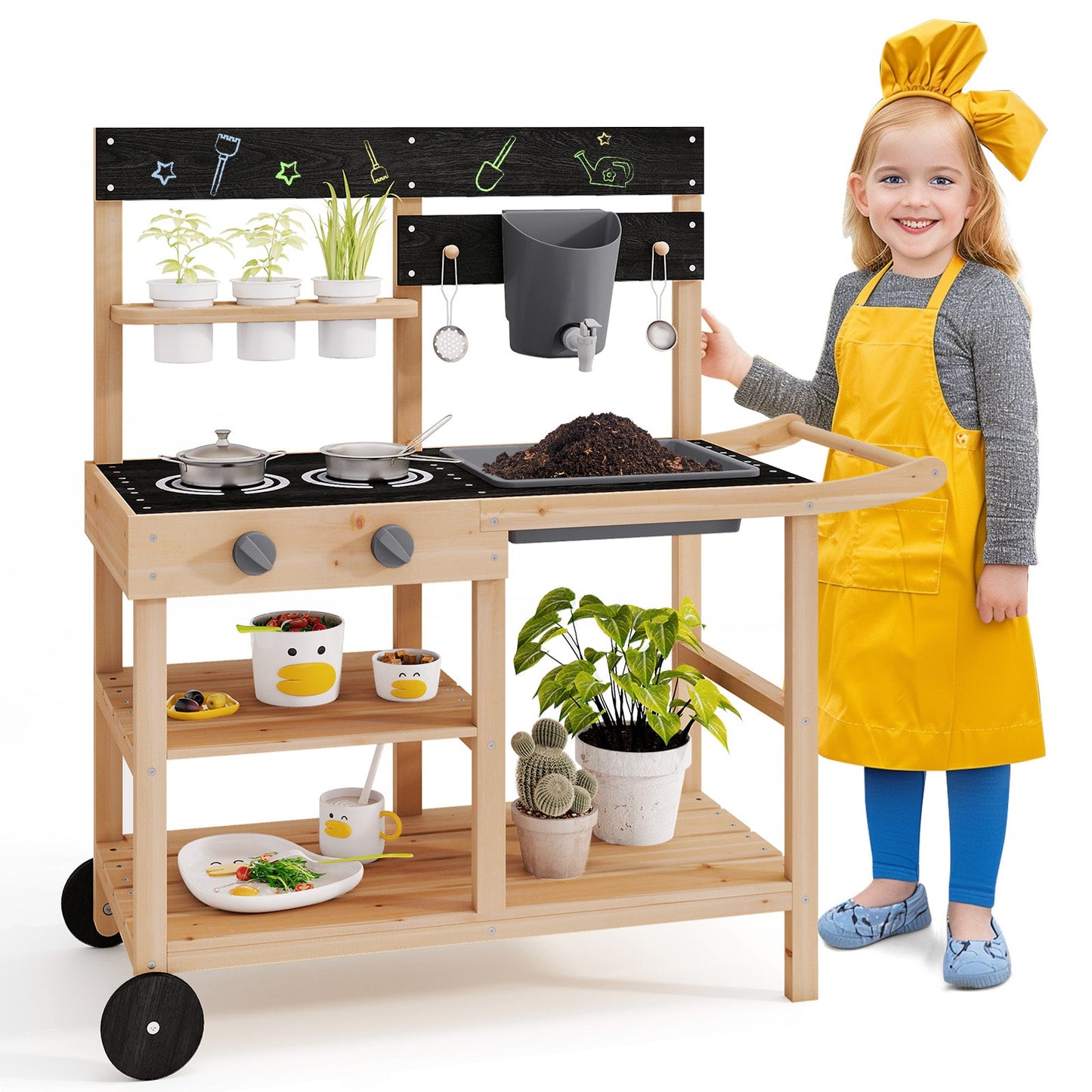 Cocina de Juego de Madera de Abeto para Exterior con Pizarra y Macetas