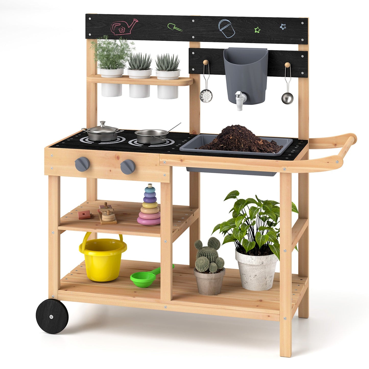 Cocina de Juego de Madera de Abeto para Exterior con Pizarra y Macetas