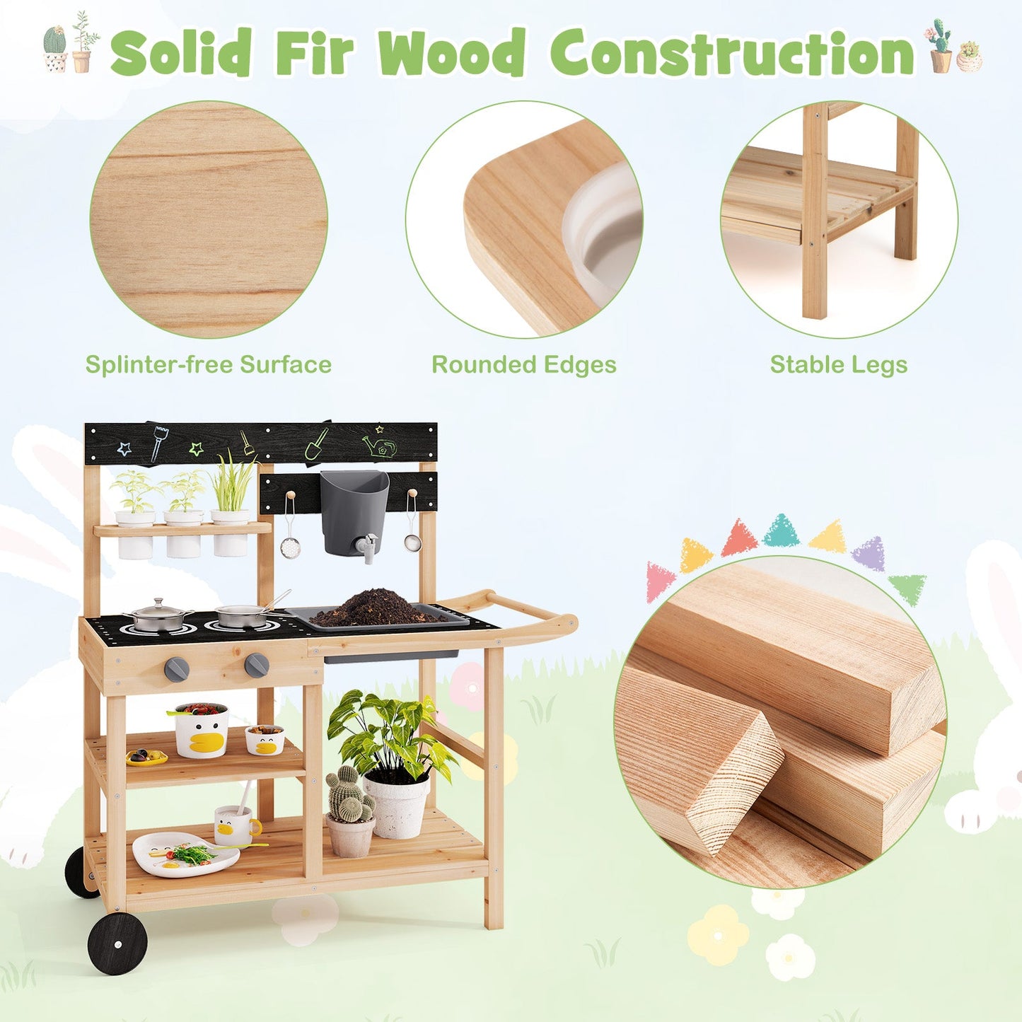 Cocina de Juego de Madera de Abeto para Exterior con Pizarra y Macetas