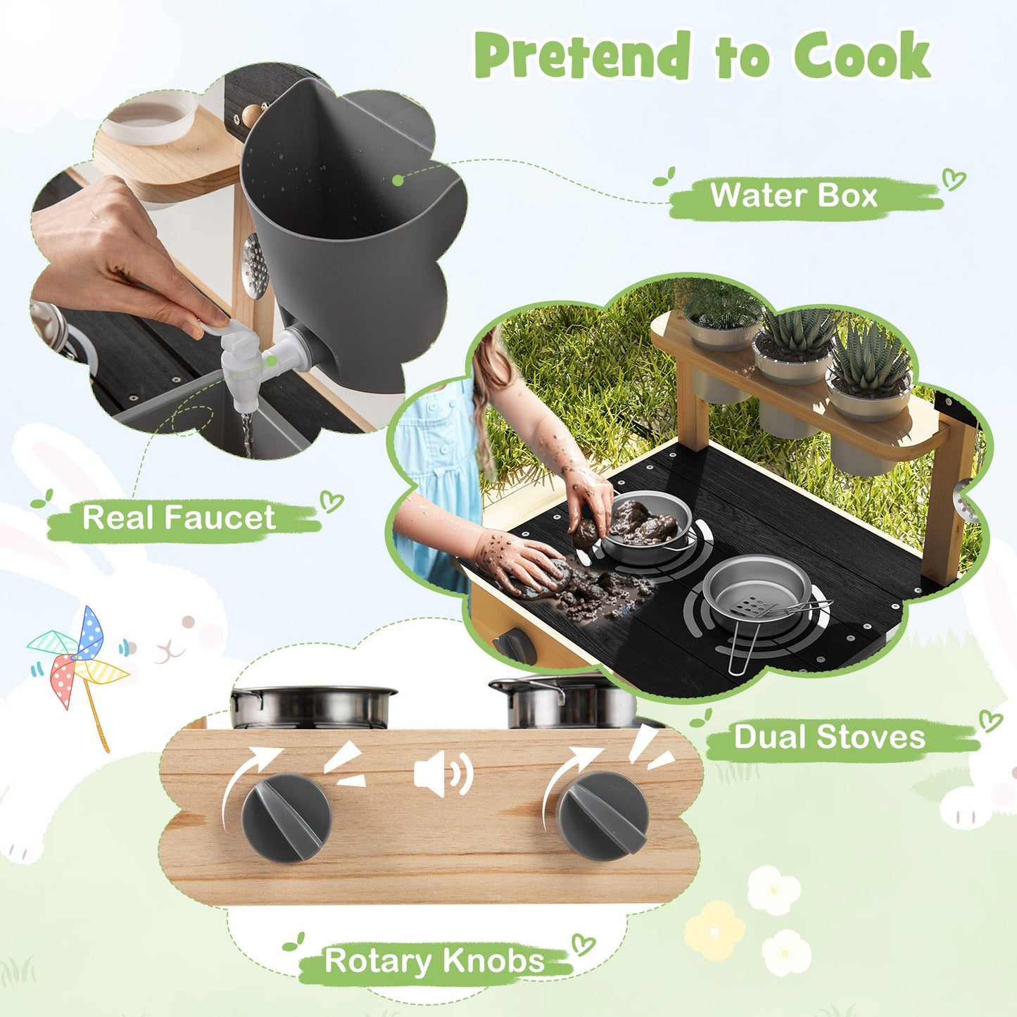 Cocina de Juego de Madera de Abeto para Exterior con Pizarra y Macetas