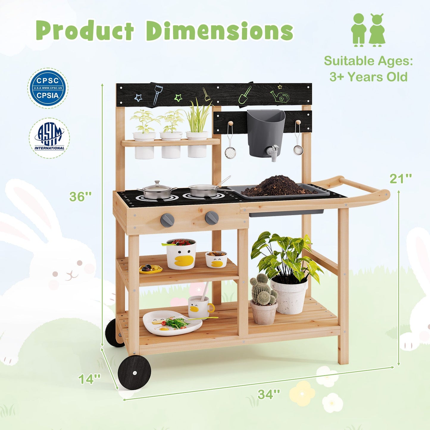 Cocina de Juego de Madera de Abeto para Exterior con Pizarra y Macetas