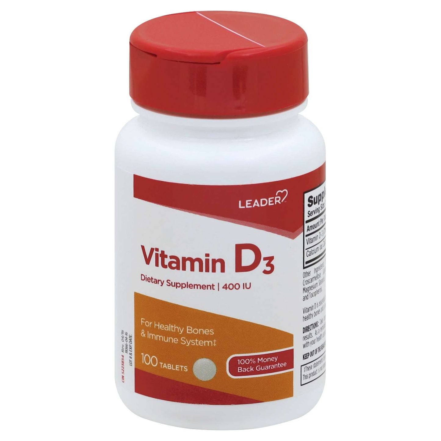 Tabletas de Vitamina D3 400 IU de Leader - 100 Contenido
