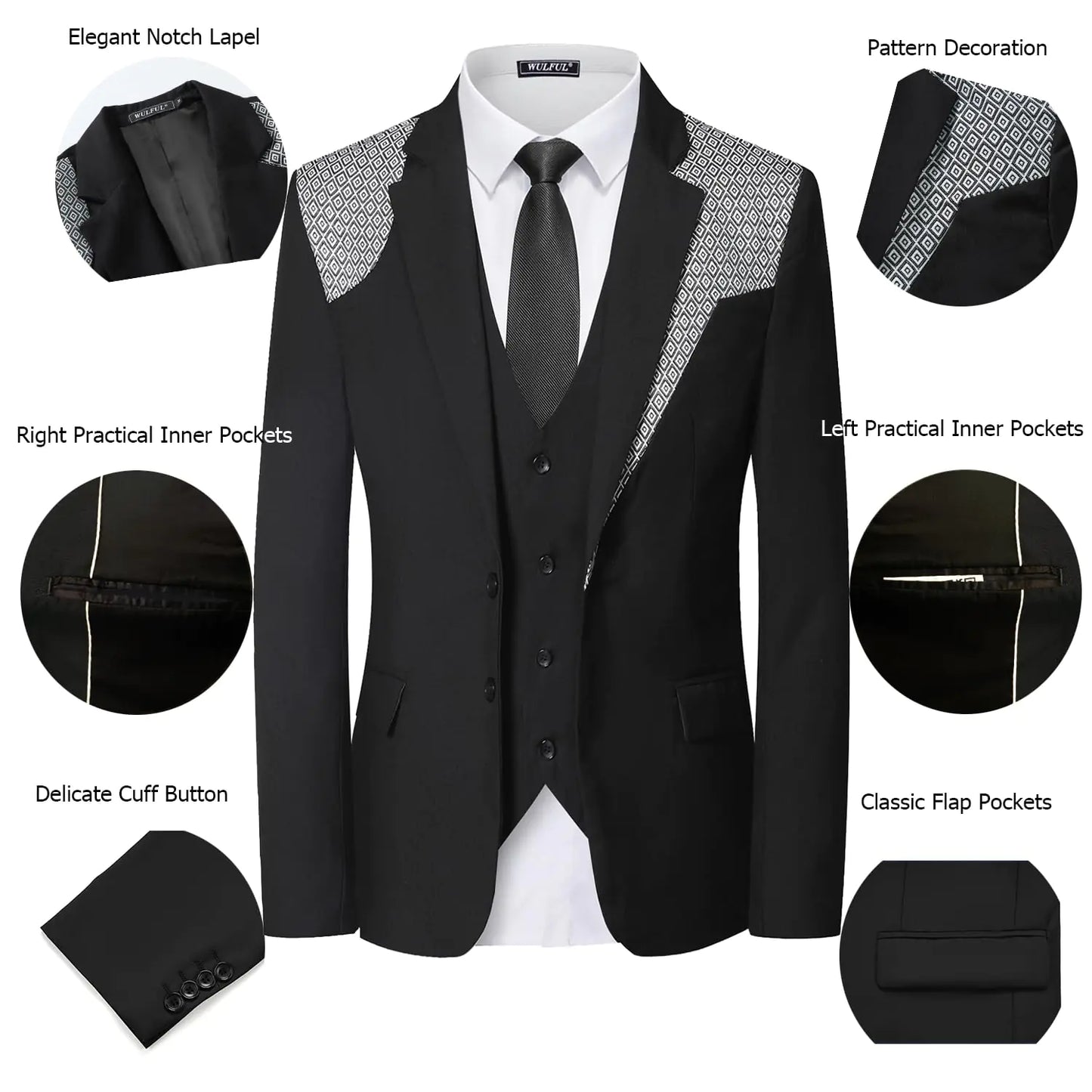 Ensemble de costume ajusté 3 pièces WULFUL pour homme - Noir