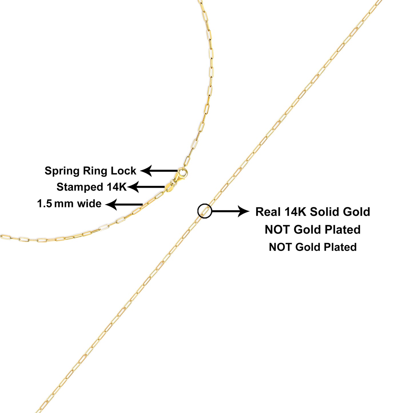 Collier en chaîne en papier clip en or jaune 14K unisexe de 1,5 mm - 18 pouces