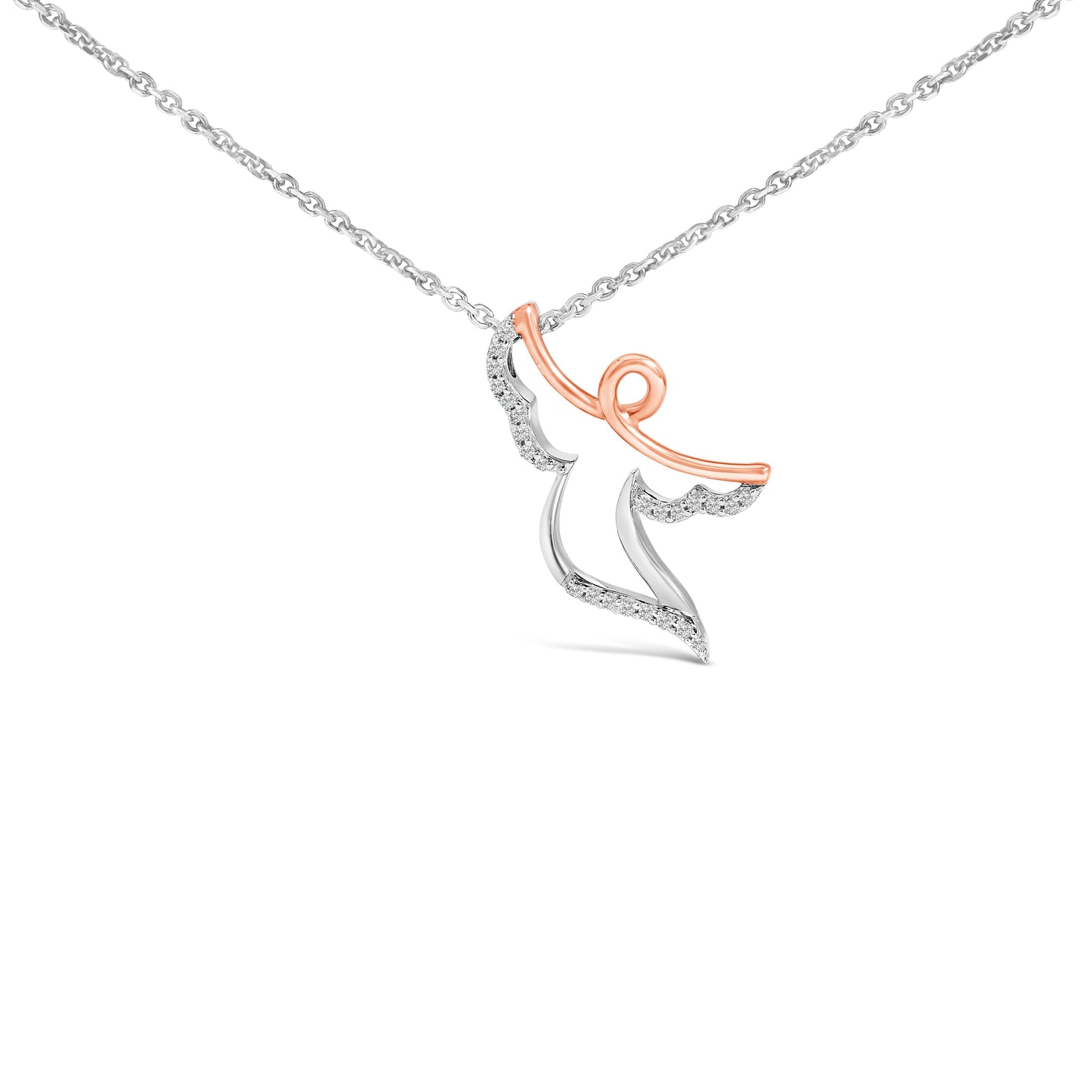 Collier Pendentif Ange en Argent Sterling Plaqué Or Rose 14K avec Diamants