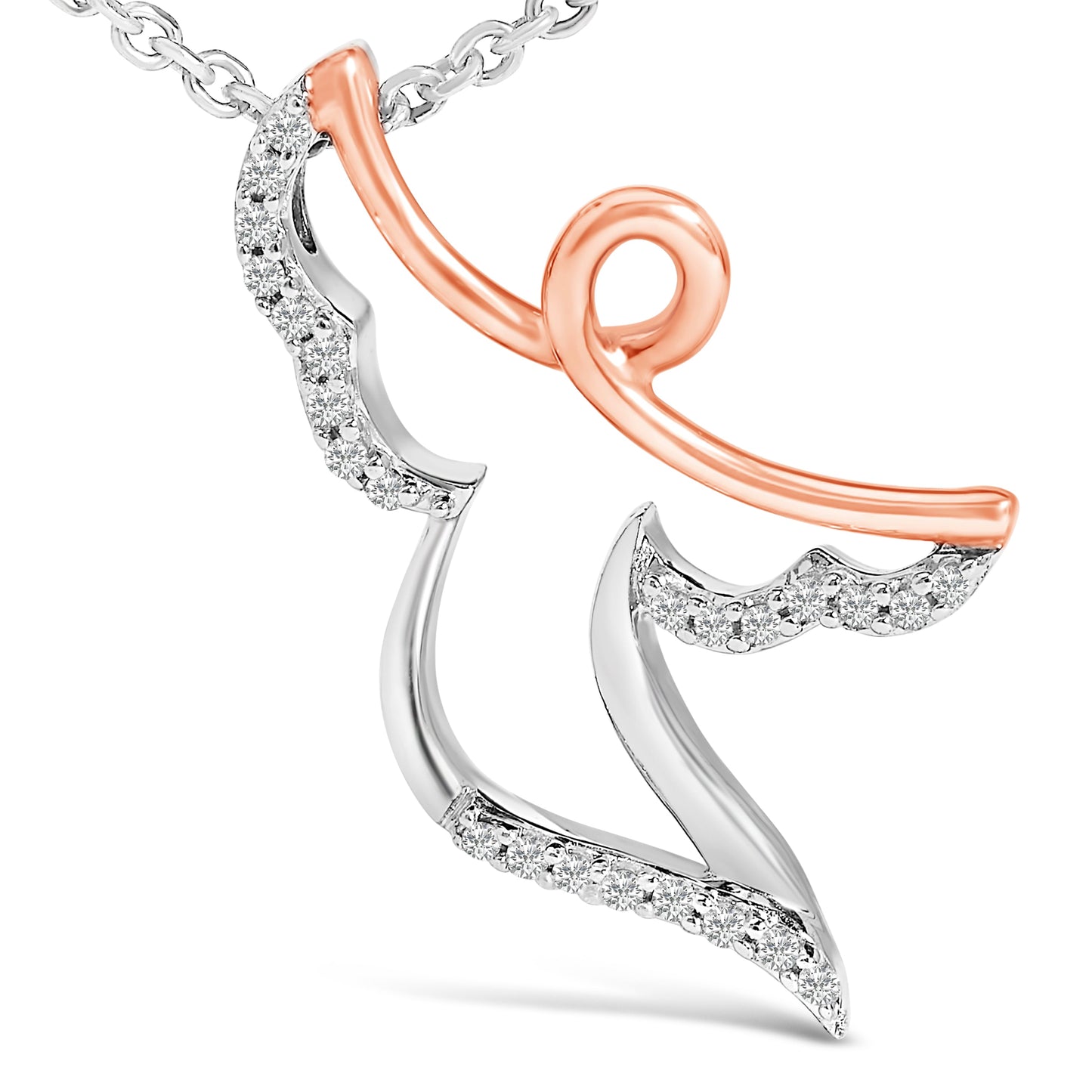 Collier Pendentif Ange en Argent Sterling Plaqué Or Rose 14K avec Diamants