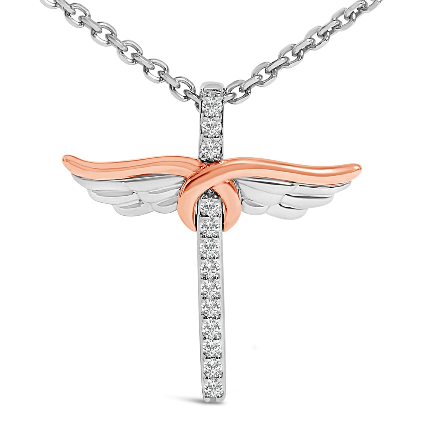 Collar con colgante de cruz alada de diamante en plata esterlina chapada en oro rosa de 14K