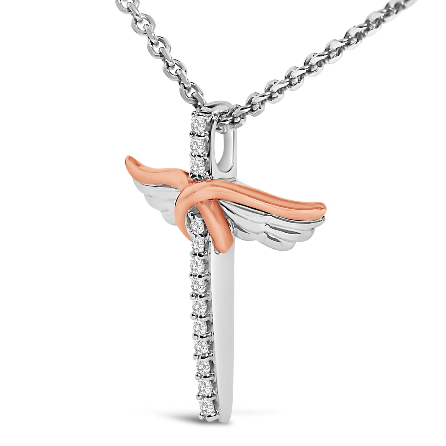 Collar con colgante de cruz alada de diamante en plata esterlina chapada en oro rosa de 14K