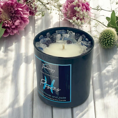 Pisces Zodiac Crystal Candle with Kyanite, Amethyst & Quartz | 9oz Coconut-Soy Bliss - Korvel