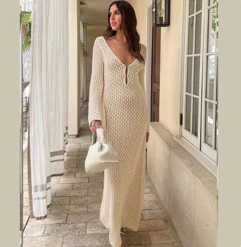 Robe de Plage Tricotée Élegante à Col V Transparent – Couverture à Manches Longues