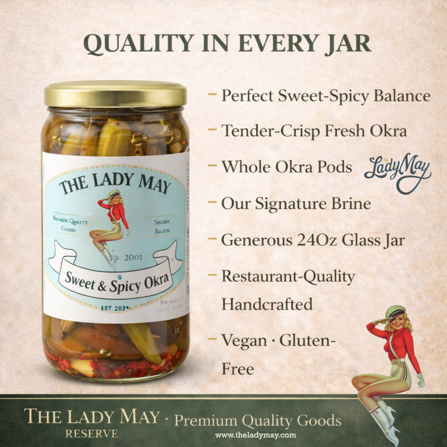 Lady May Okra Encurtido Dulce y Picante – Paquete de 2 (Frascos de 24oz)