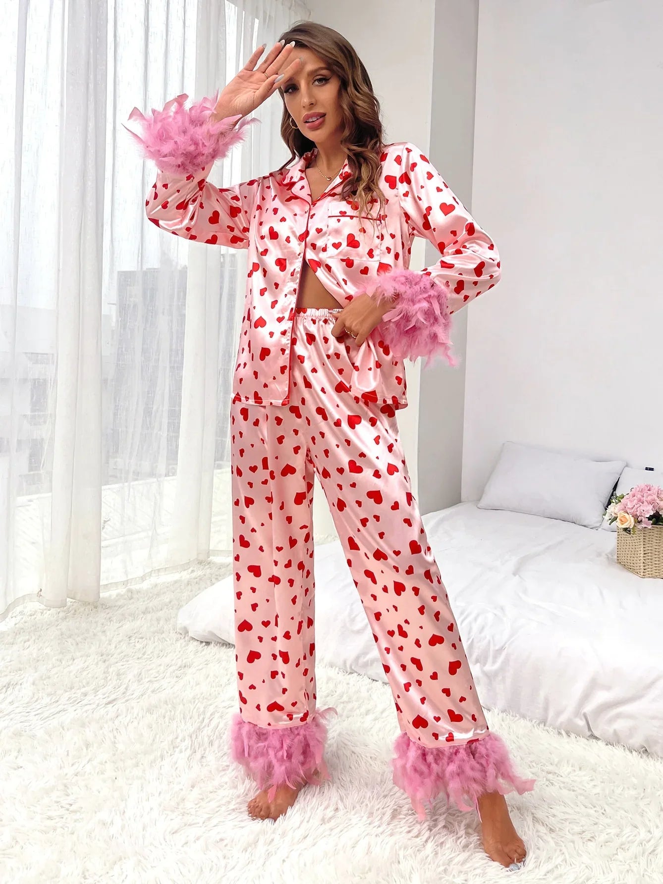Pijamas Casuales con Estampado de Corazón para Mujeres