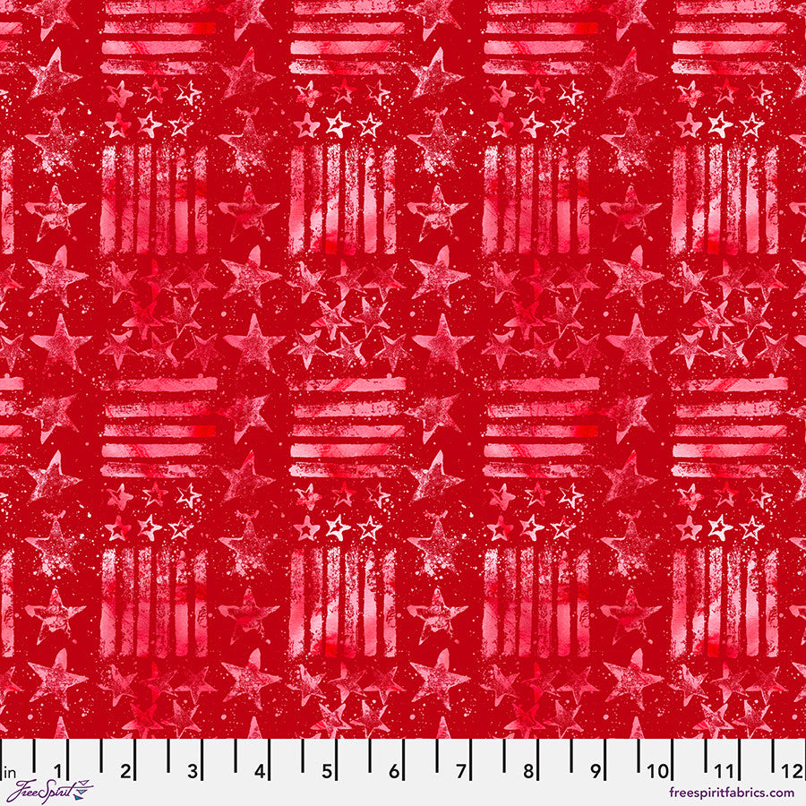 Tissu en coton Americana rouge à petits étoiles et rayures