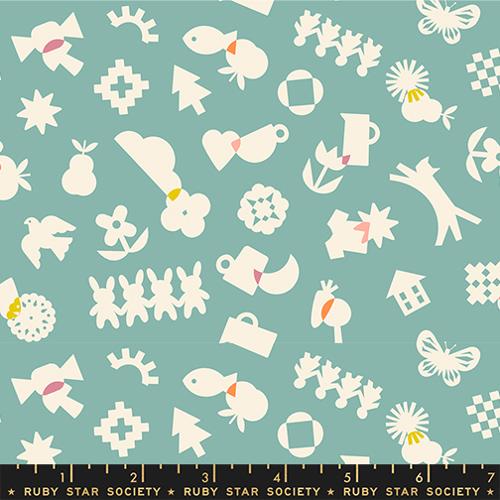 Paper Cuts 2 Water Turquoise Icons Ephemera Cotton Fabric